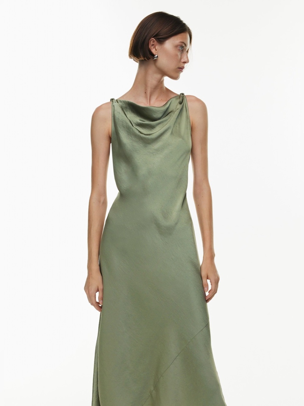 Satin Cowl Neck Maxi Dress in Olive Green